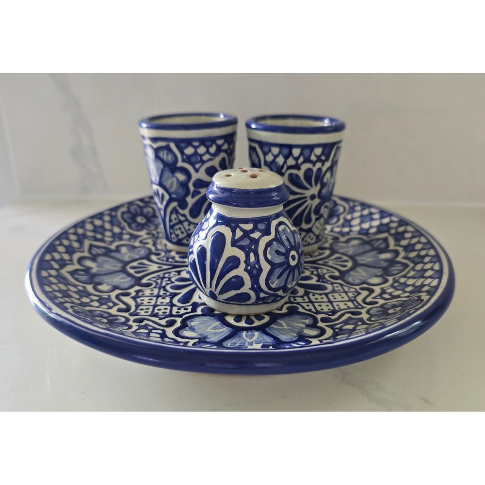 Handmade Talavera Pottery Set Tequila Shot Glasses Plate Salt Shaker - Picture 3 of 7